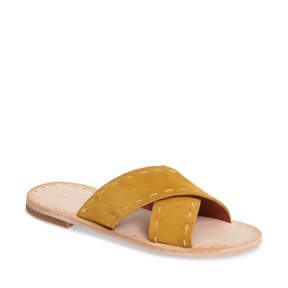 NIB $158 Frye Avery Pickstitch Slide Sandal in Yellow in size 6.5!
